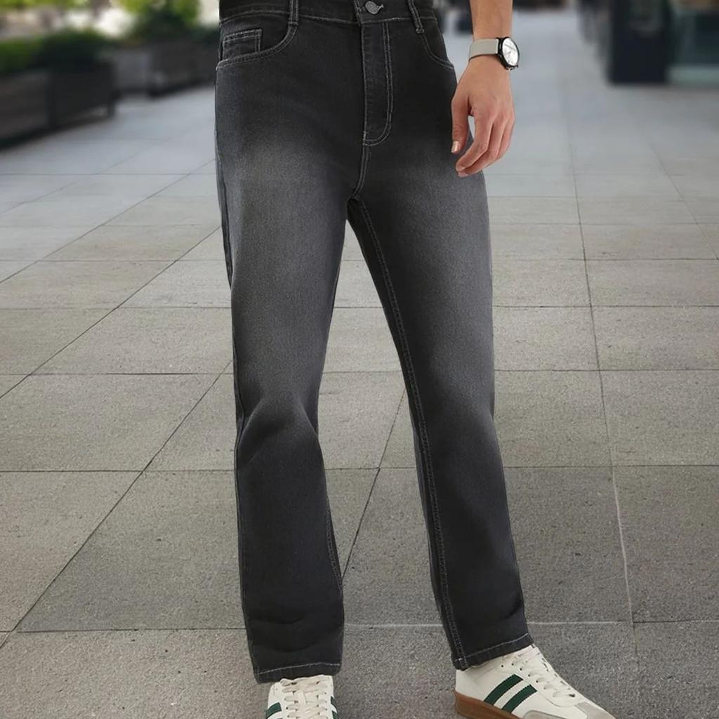 Men's Dark Grey Straight Fit Washed Jeans Stretchable