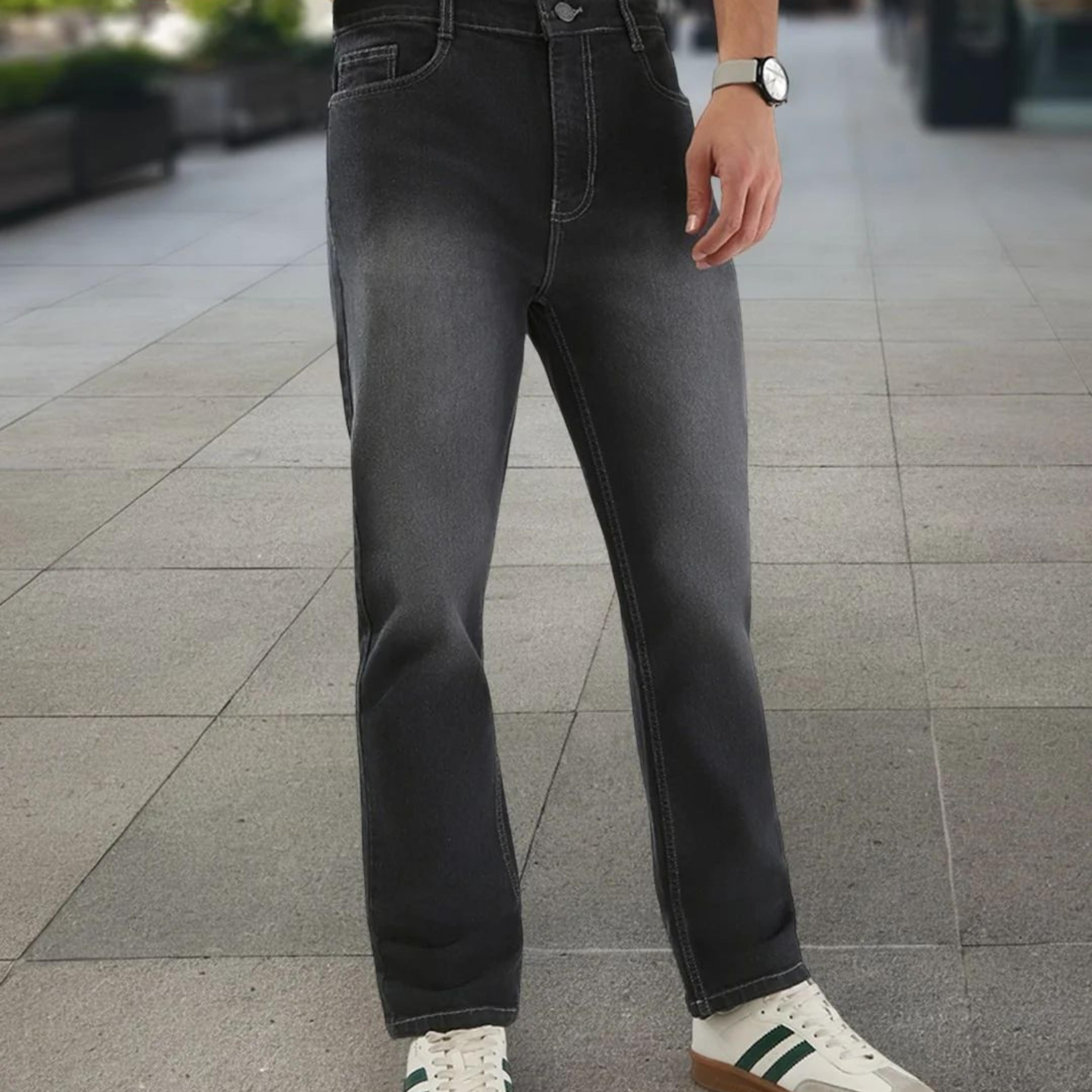 Men's Dark Grey Straight Fit Washed Jeans Stretchable