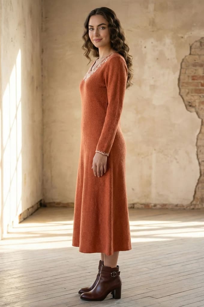 Orange Embroidered A-line Winter Dress — photo 3