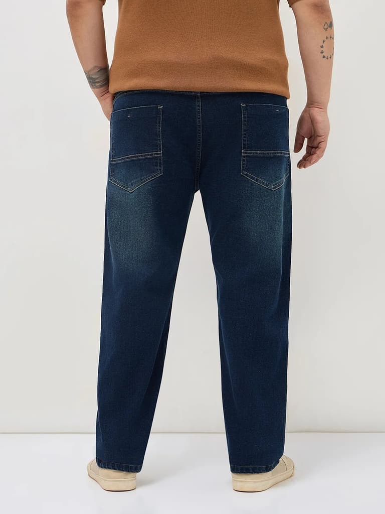 Plus Men's Blue Regular Fit Whisker Washed Yellow Tint Denim Jeans Stretchable — photo 3