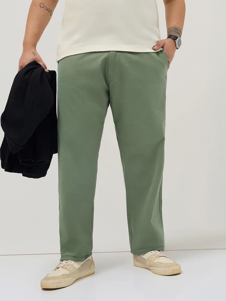 Plus Men's Sage Green Straight Fit Mid Rise Cotton Casual Chinos Trousers Stretch — 36 / Sage Green
