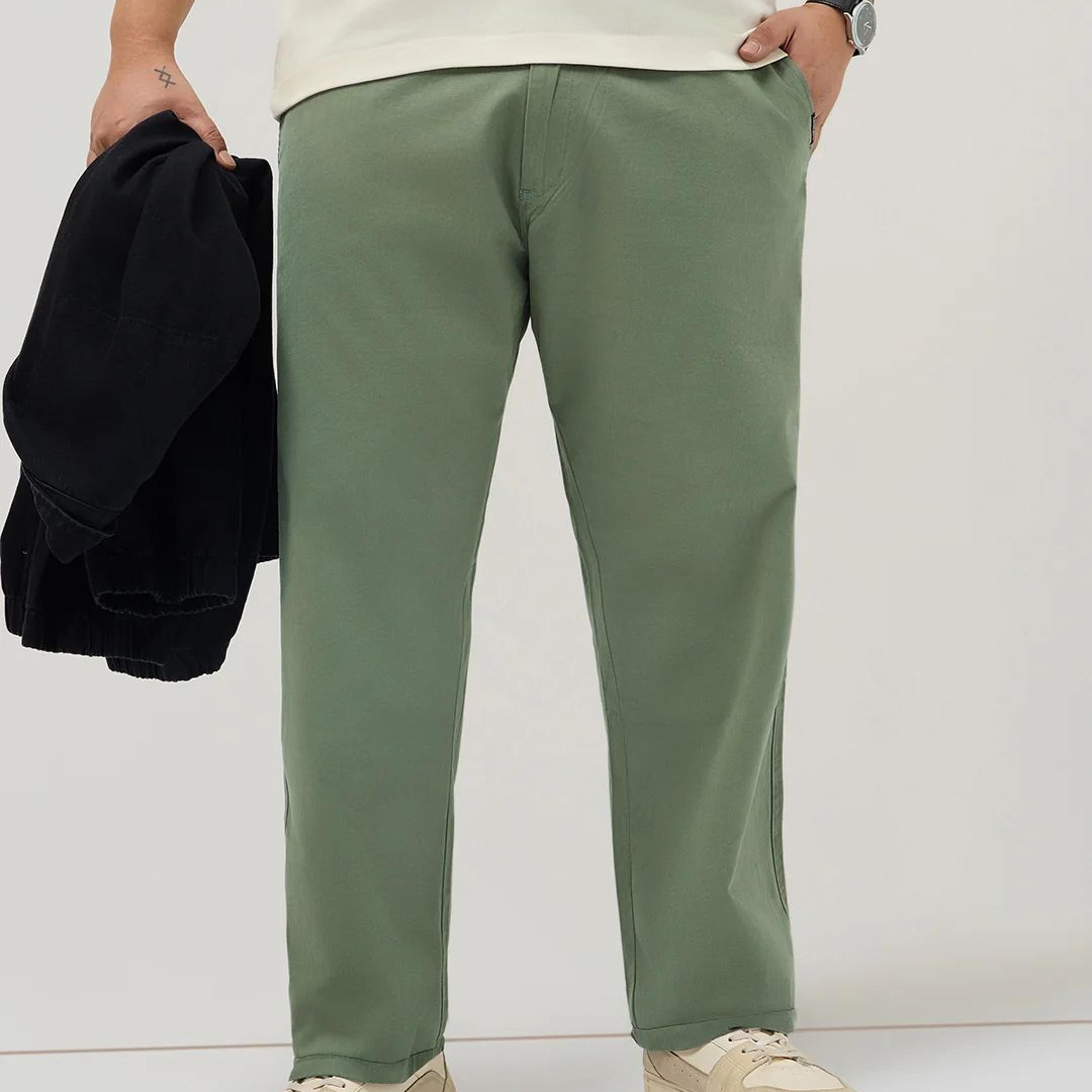 Plus Men's Sage Green Straight Fit Mid Rise Cotton Casual Chinos Trousers Stretch