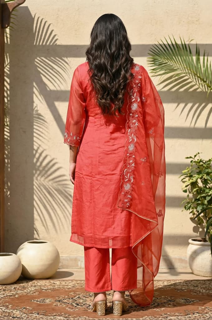 Red Embroidered Straight Kurta with Pants and Dupatta Set — photo 4