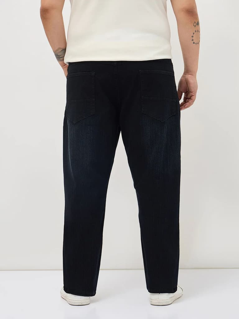 Plus Men's Black Straight Fit Washed Denim Jeans Stretchable — photo 3