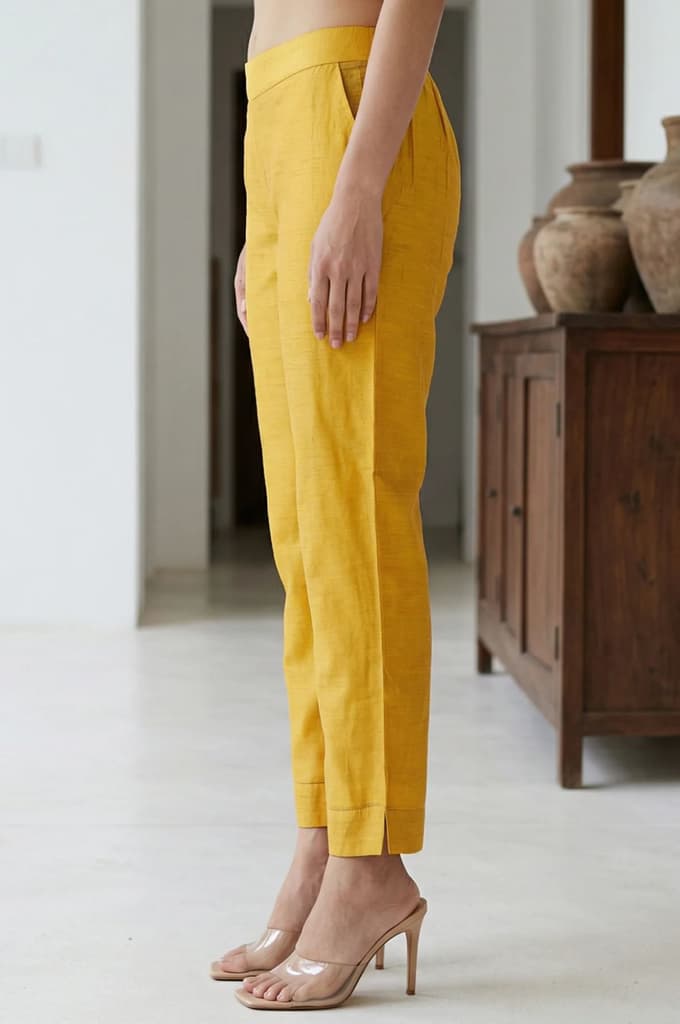 Mustard Solid Chanderi Straight Fit Ankle Length Trousers — photo 2