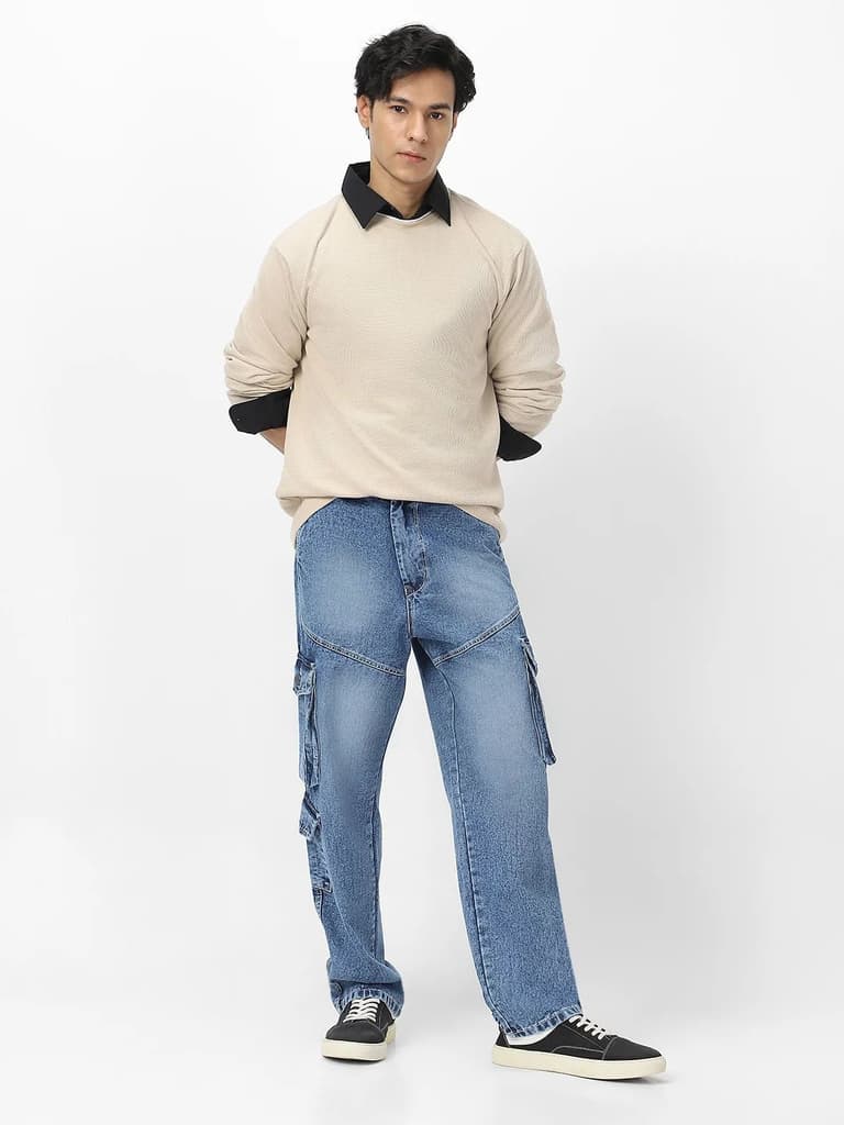 Men's Light Blue Loose Fit Cargo Jeans With 7 Pockets Non Stretchable — photo 4