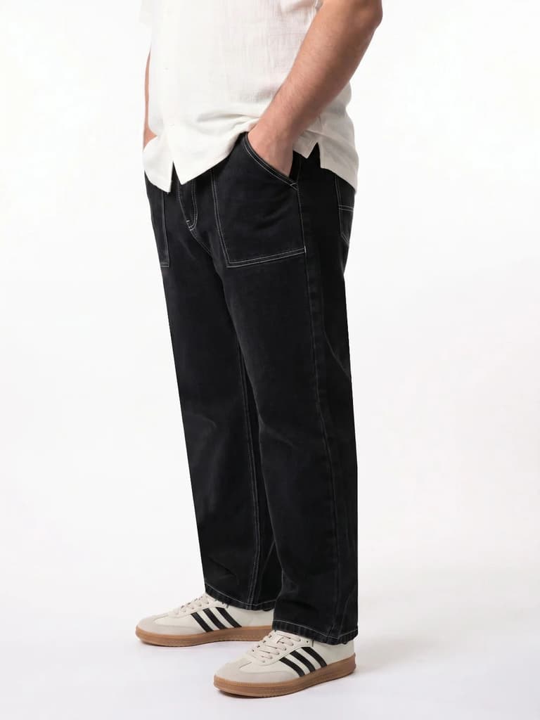 Plus Men's Black Loose Baggy Fit Washed Denim Jeans Non-Stretchable — photo 2