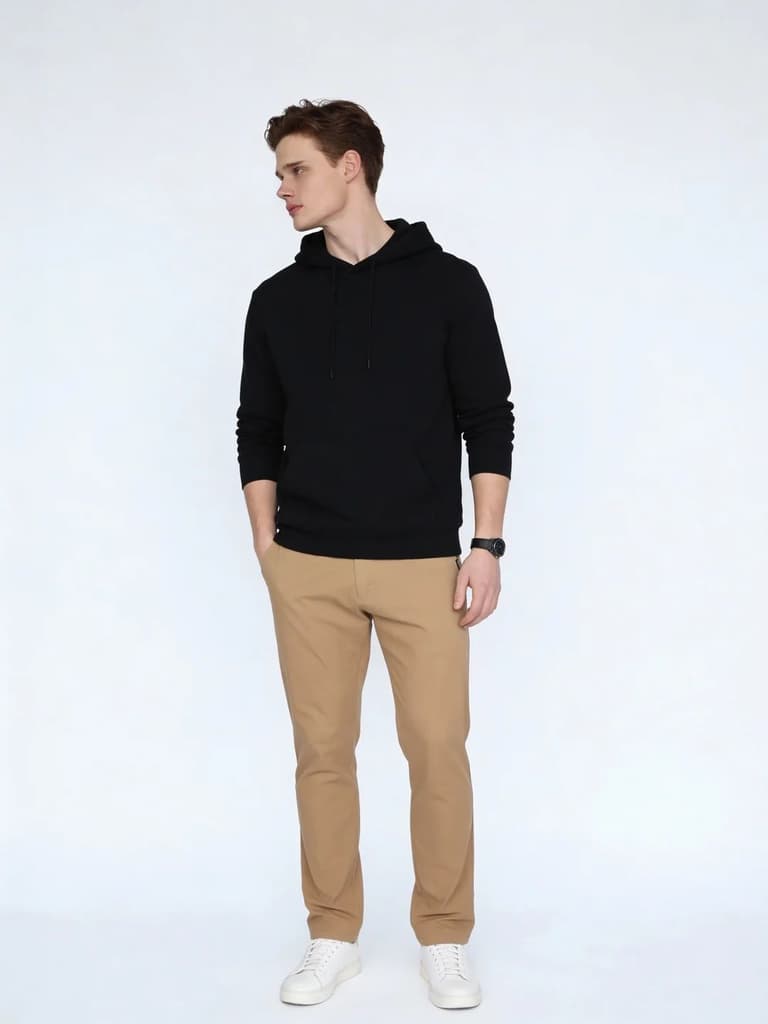 Men's Beige Straight Fit Mid Rise Cotton Casual Chinos Trousers Stretch — photo 4