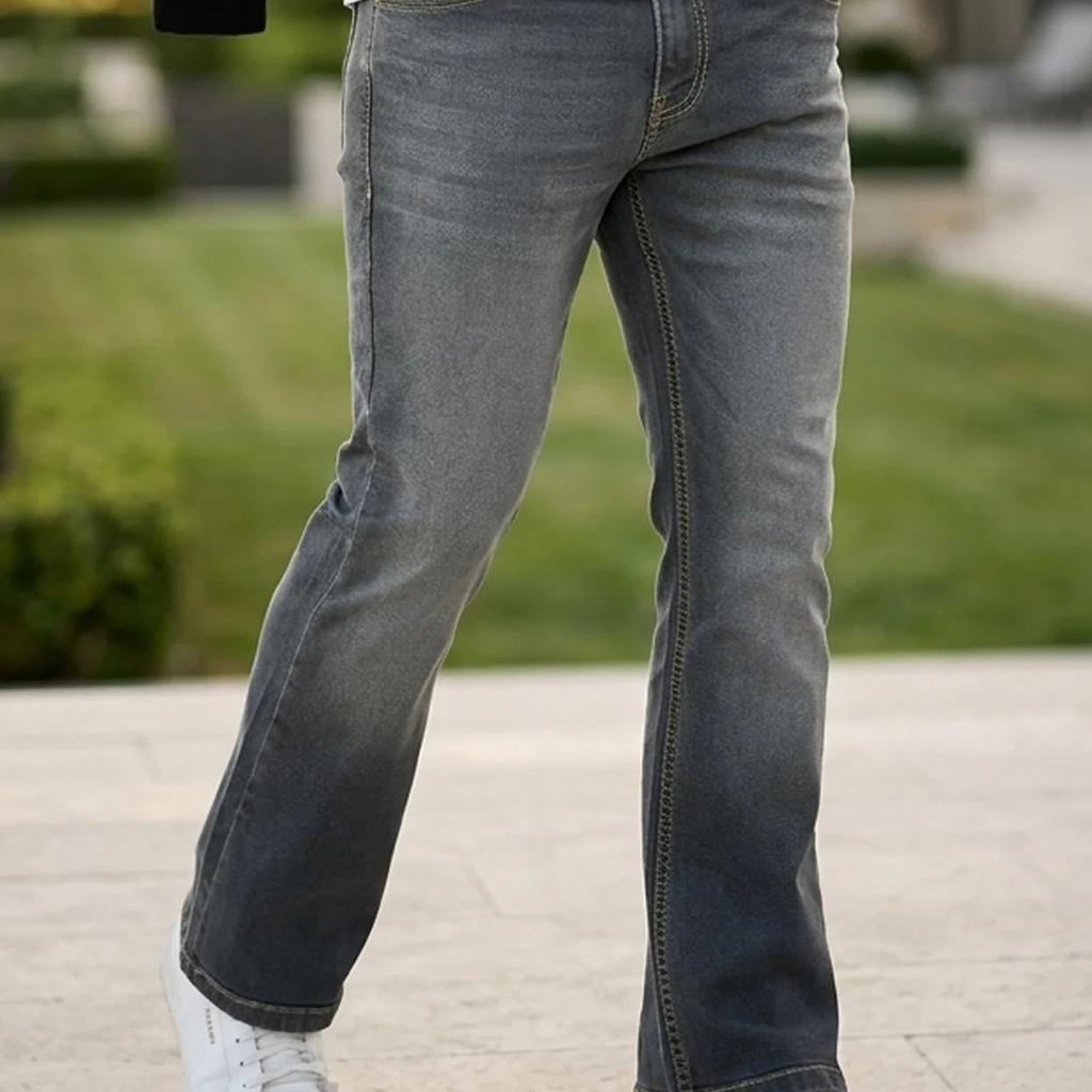 Men's Grey Bootcut Fit Mid Rise Heavy Washed Jeans Stretchable