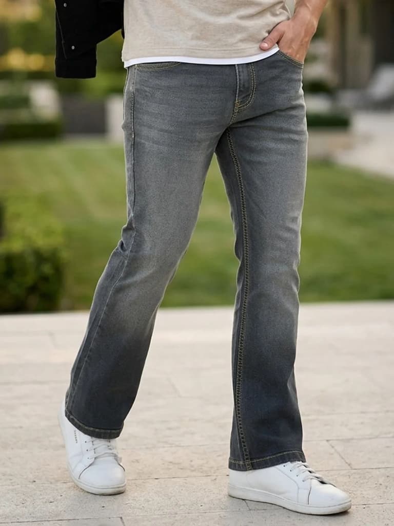 Men's Grey Bootcut Fit Mid Rise Heavy Washed Jeans Stretchable — 28 / Grey