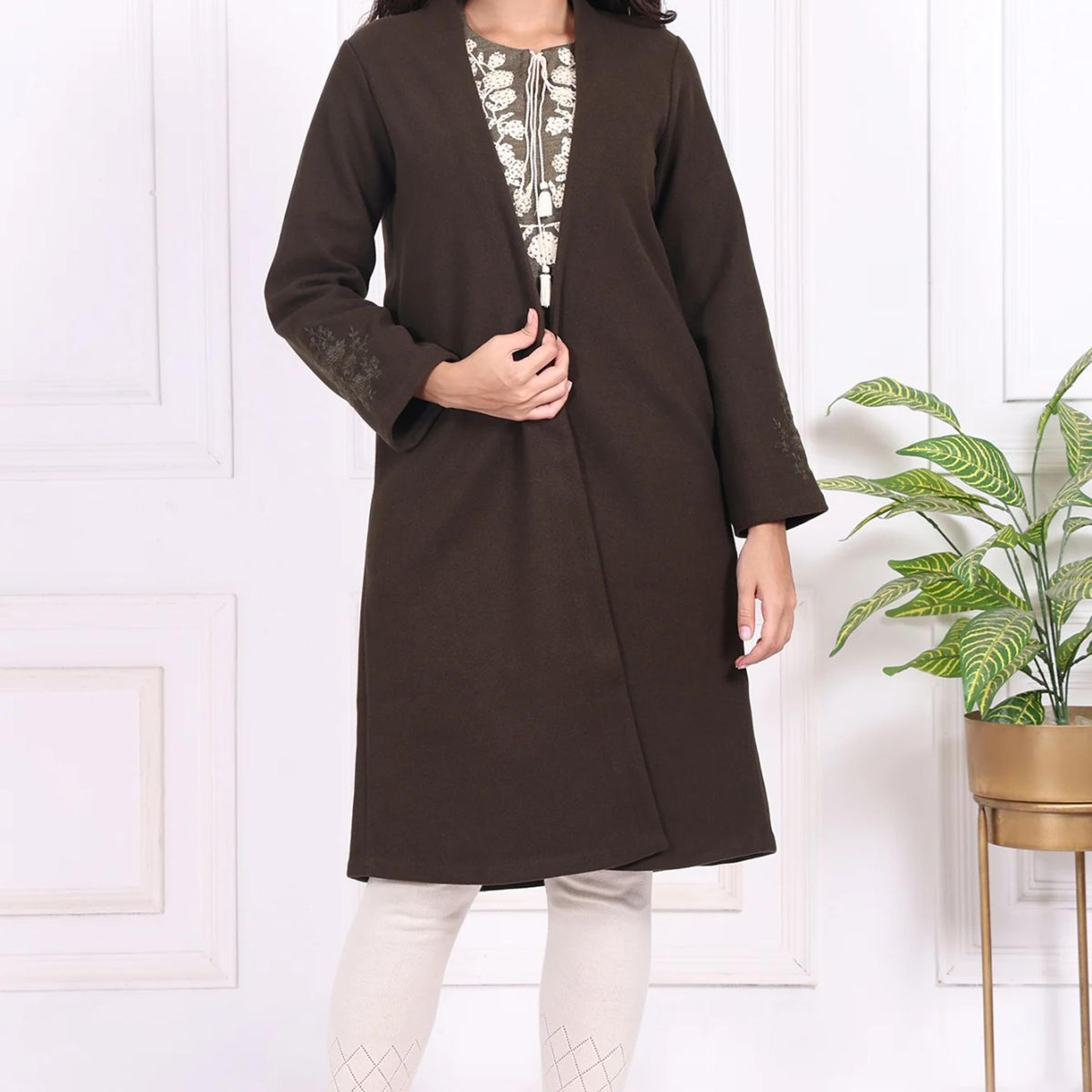 Olive Solid Embroidered Straight Coat