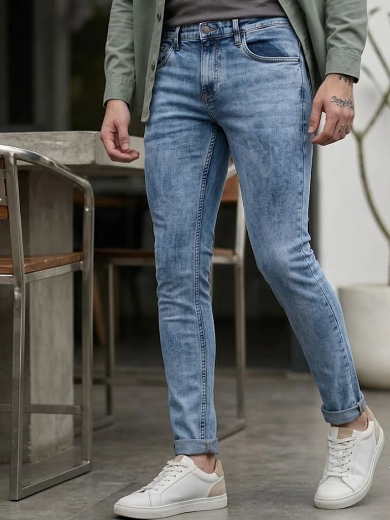 Men's Light Blue Skinny Fit Washed Jeans Stretchable — 28 / Light Blue