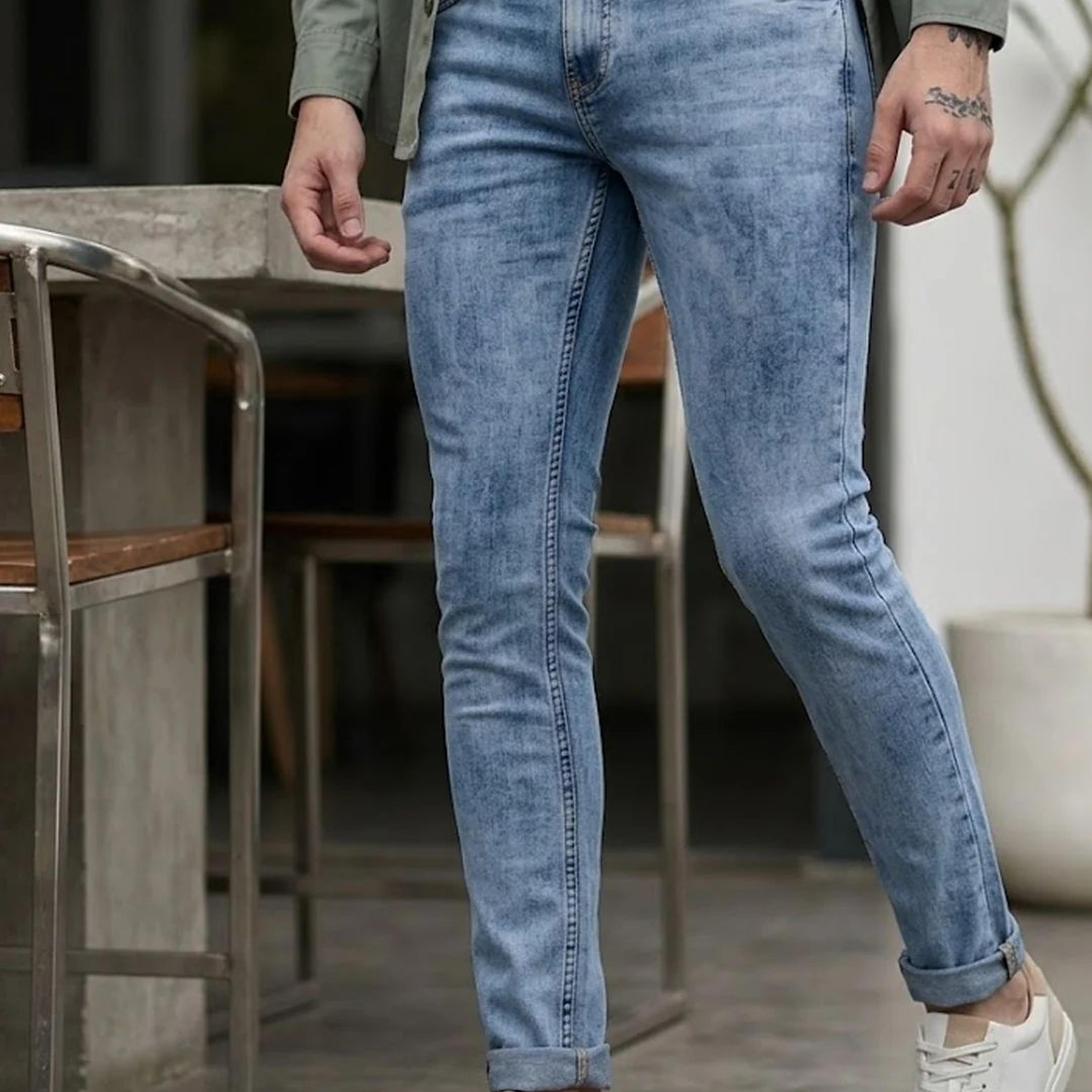 Men's Light Blue Skinny Fit Washed Jeans Stretchable