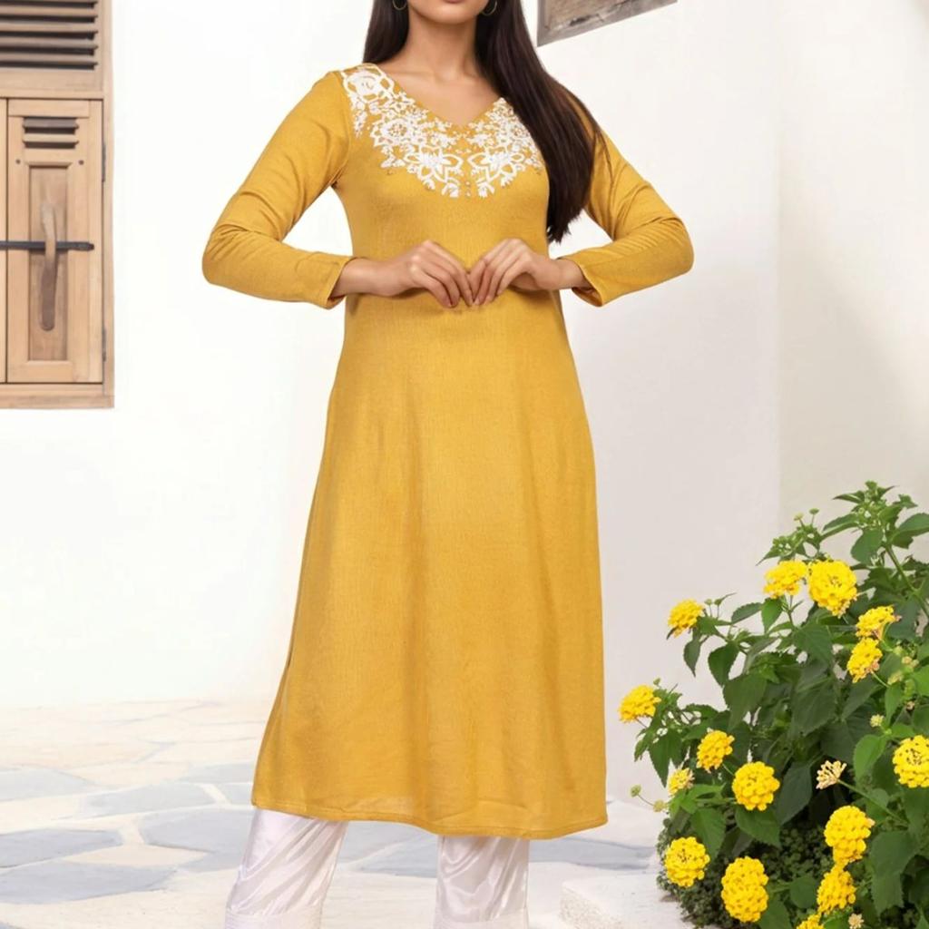 Mustard Embroidered A-Line Acrylic Winter Kurta