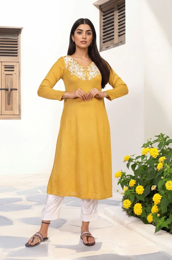 Mustard Embroidered A-Line Acrylic Winter Kurta — XS