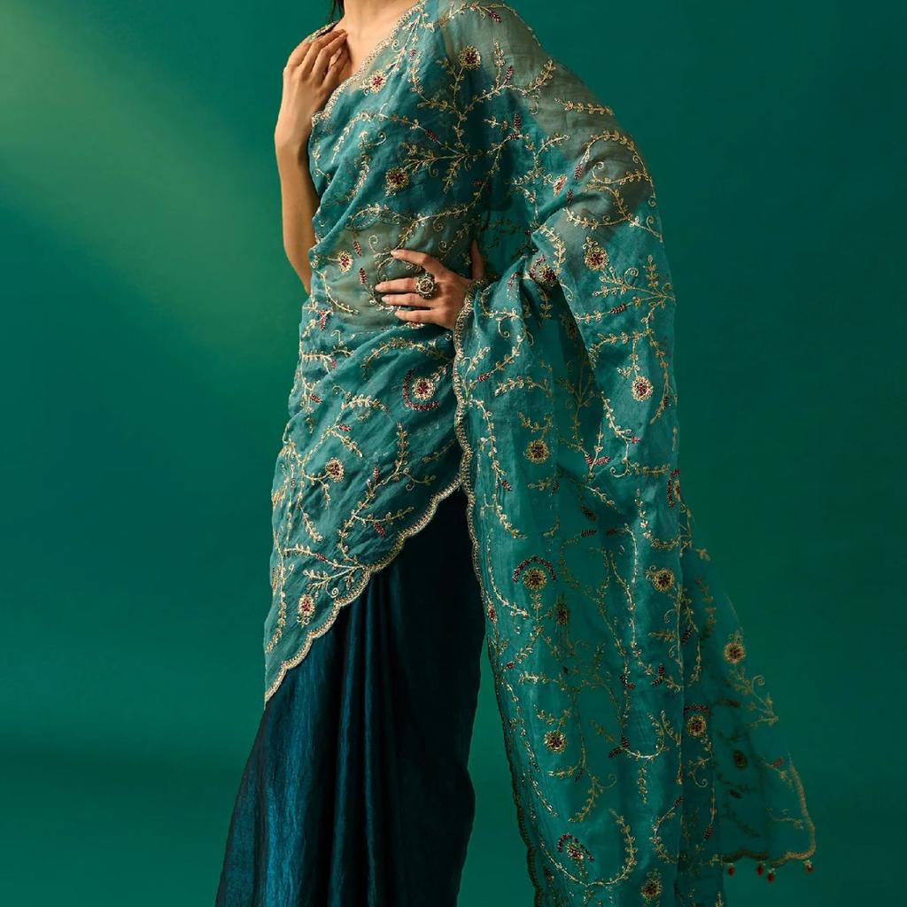 Teal Floral Embroidered Zari Work Tissue Satin Saree with Unstitched Blouse