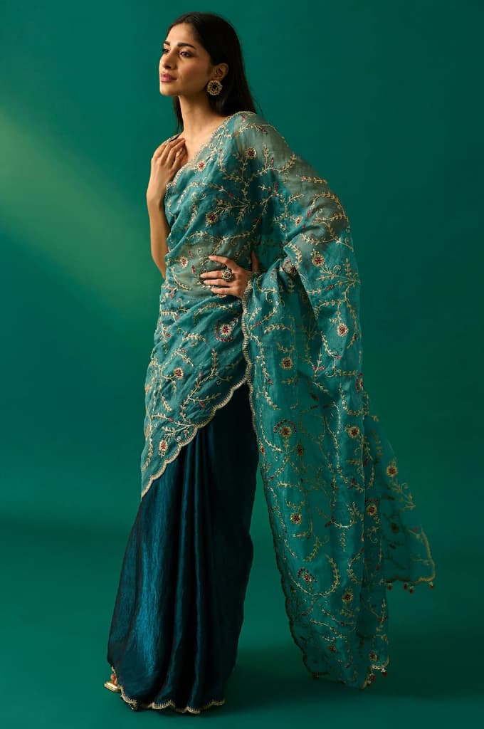 Teal Floral Embroidered Zari Work Tissue Satin Saree with Unstitched Blouse — FS