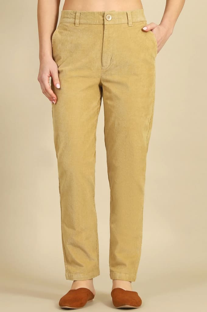Beige Solid Straight Fit Cotton Pants with YKK Zipper — photo 2