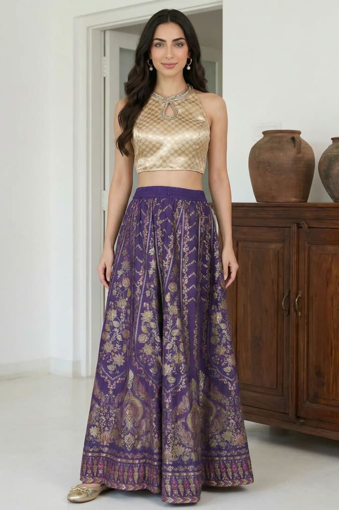 Purple Ethnic Motifs Crepe Wide Leg Ankle Length Skirt — photo 4