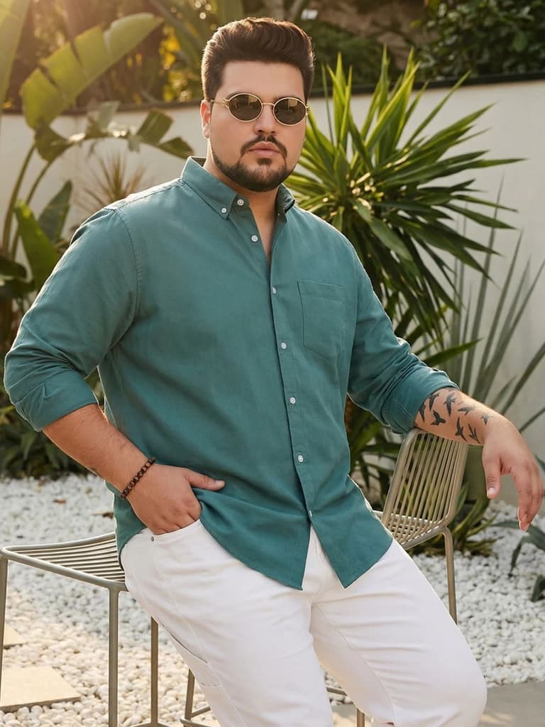 Plus Men's Teal Green Cotton Full Sleeve Regular Fit Solid Oxford Shirt With Button-Down Collar — 2XL / Teal Green