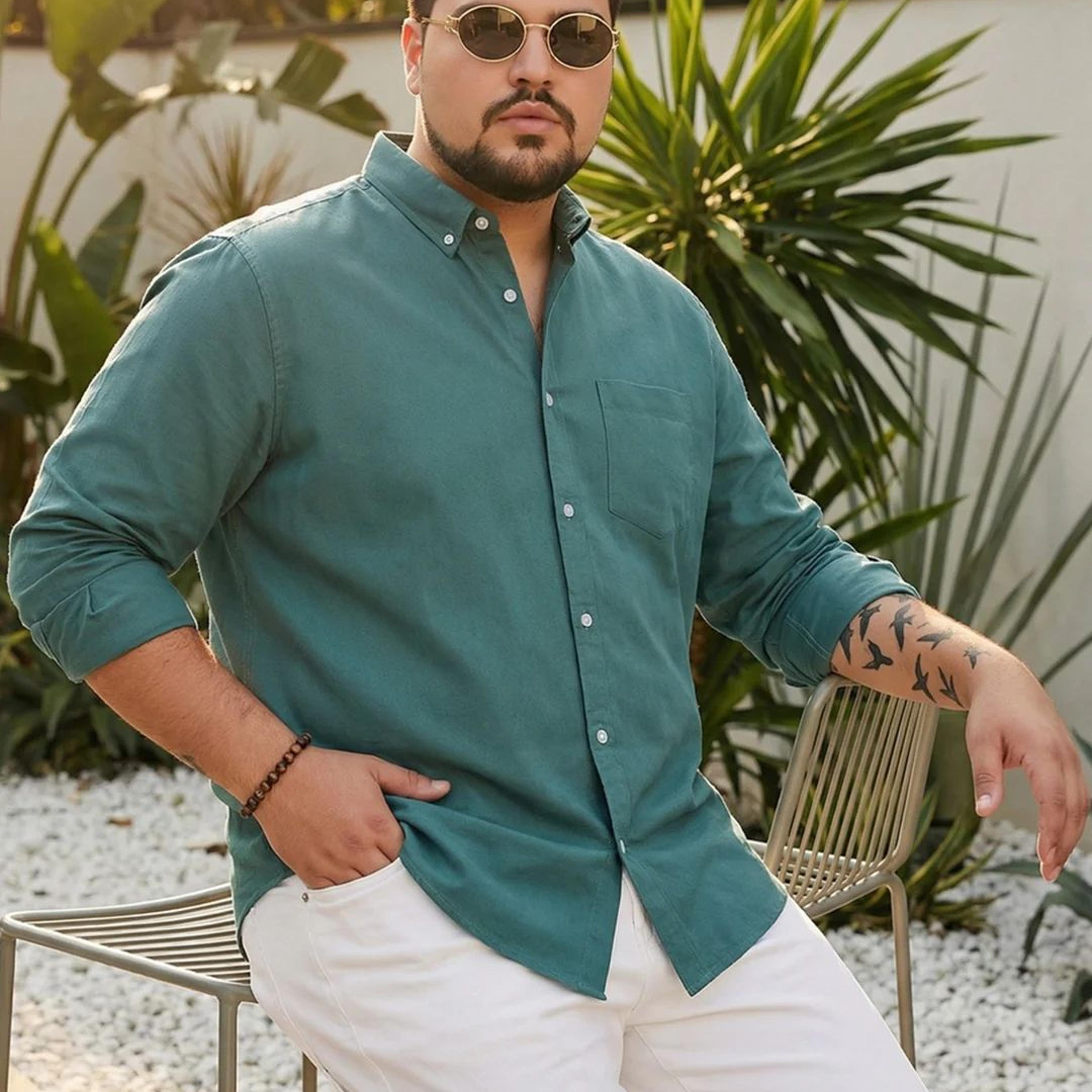 Plus Men's Teal Green Cotton Full Sleeve Regular Fit Solid Oxford Shirt With Button-Down Collar