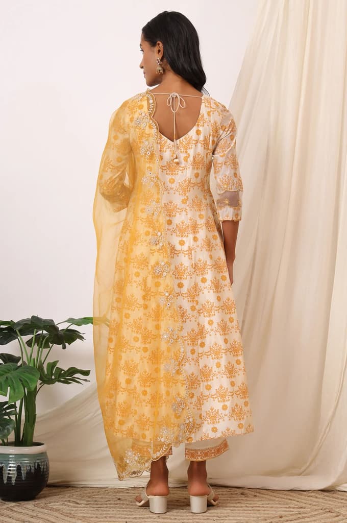 Cream and Yellow Printed Chanderi Anarkali Kurta, Pants and Dupatta Set — photo 5