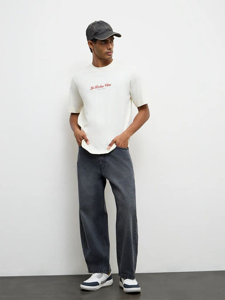 Nuon Charcoal Barrel-Fit Mid-Rise Jeans