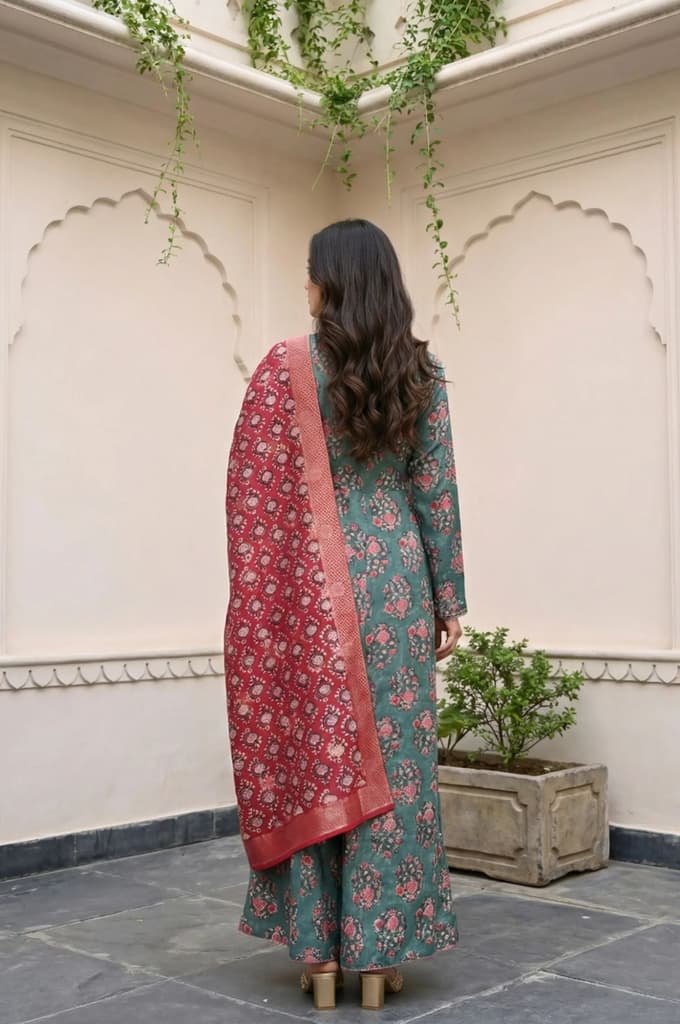 Green Floral Printed Satin Anarkali Kurta with Straight Pant and Dupatta Set — photo 3
