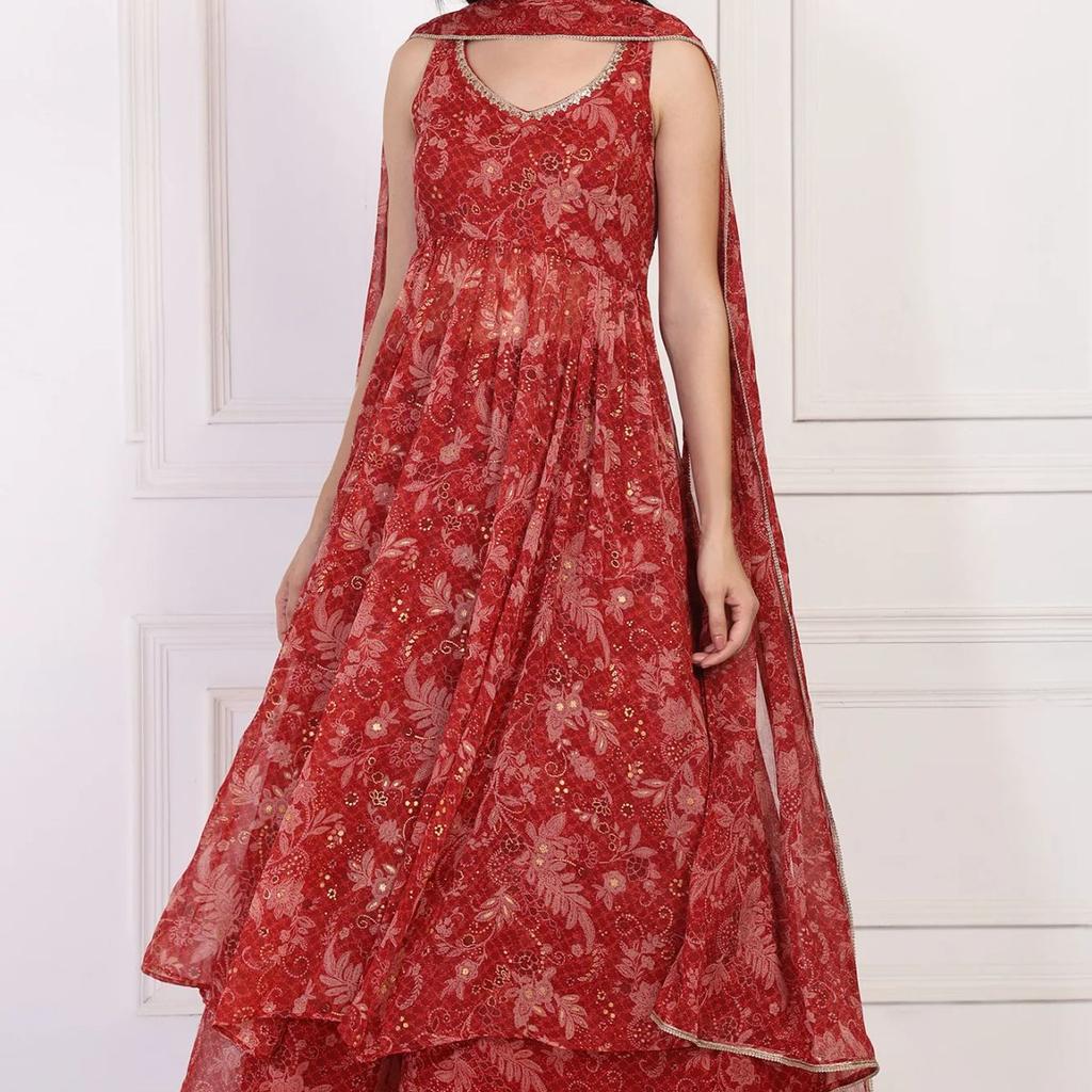 Red Floral Printed Lace Trim Anarkali Chiffon Kurta with Flared Pant and Dupatta Set