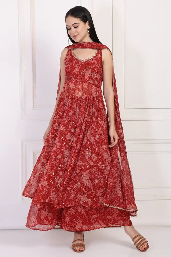 Red Floral Printed Lace Trim Anarkali Chiffon Kurta with Flared Pant and Dupatta Set — XS