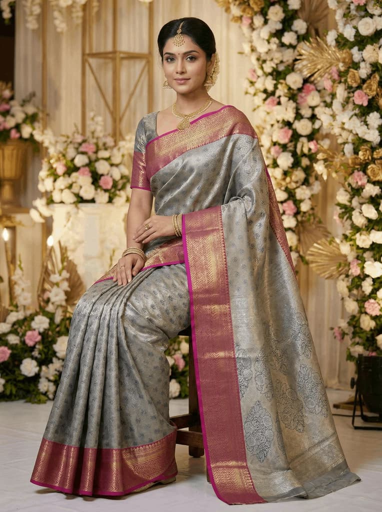 MIMOSA Women's Woven Design Kanjivaram Style Art Silk Saree with Blouse Piece - Navy Blue (SA00002866NVFREE) — photo 4
