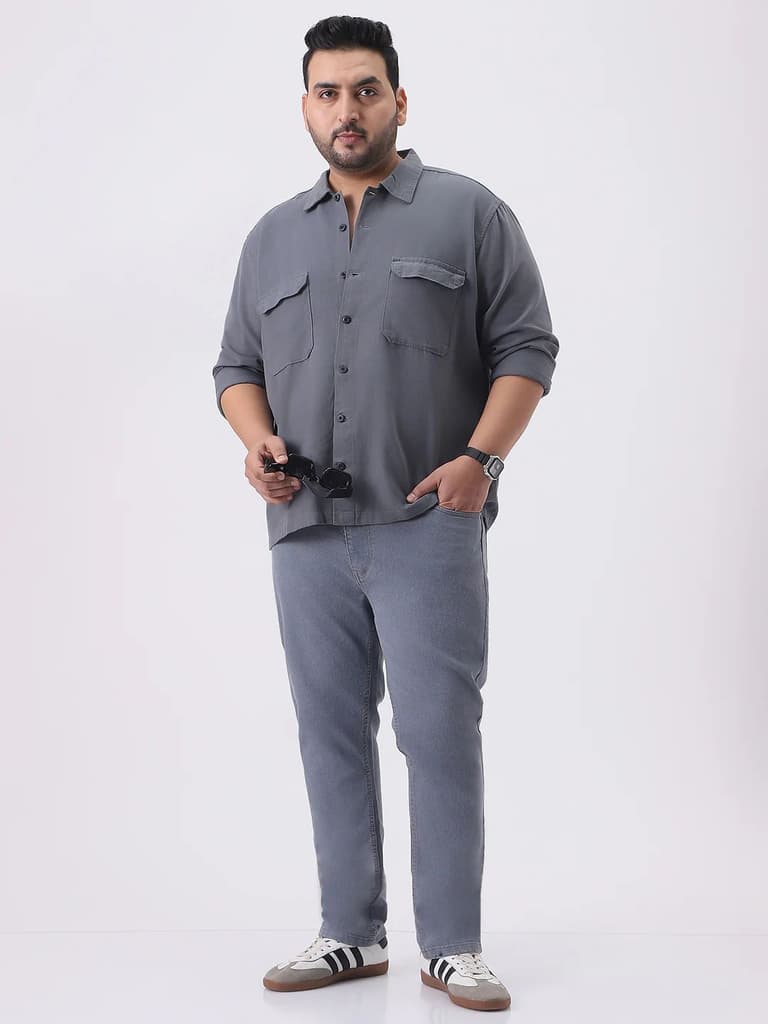 Plus Men's Grey Cotton Full Sleeve Relaxed Fit Shacket with Utility Pockets — photo 4