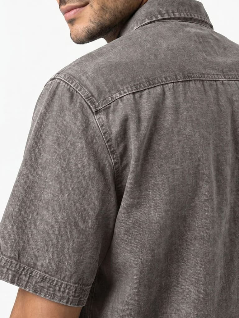 Men's Ice Grey Oversized Fit Half Sleeve Solid Casual Denim Shirt — photo 5