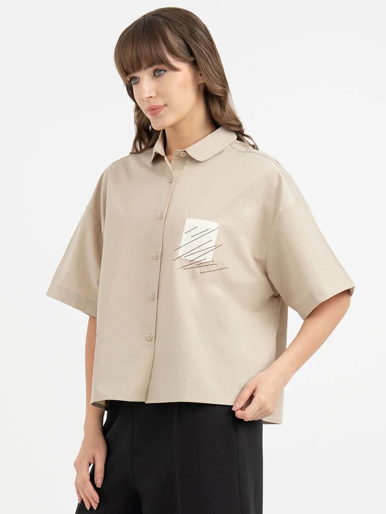 Shirts for Women in Dusty Olive | Embroidered 3/4th Sleeve Shirt — photo 2