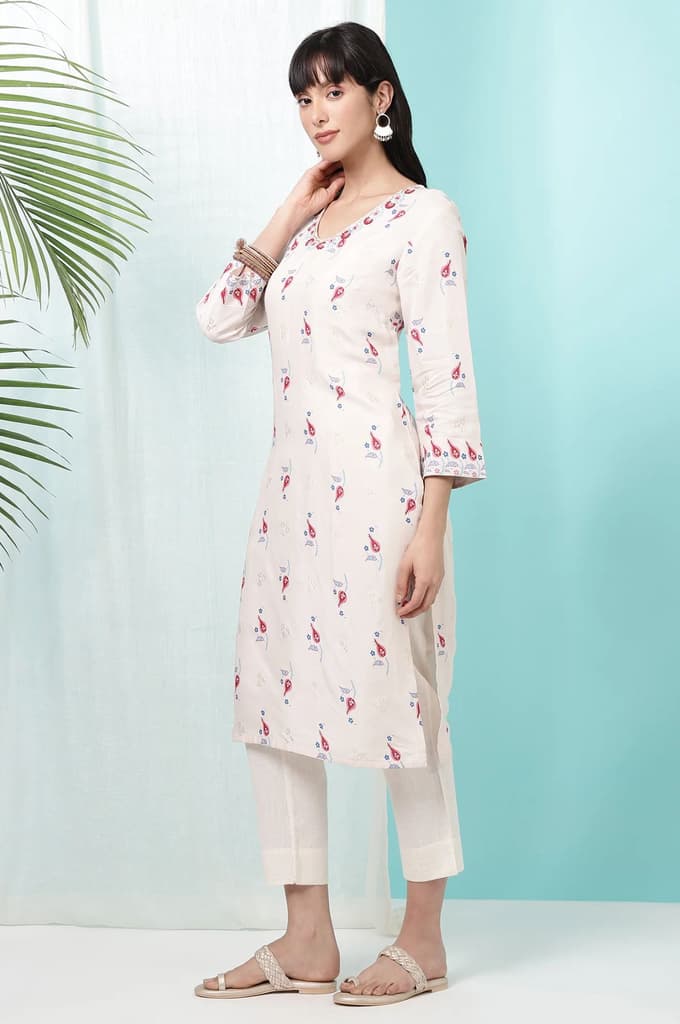 Off-White Floral Printed Rayon Straight Kurta — photo 5