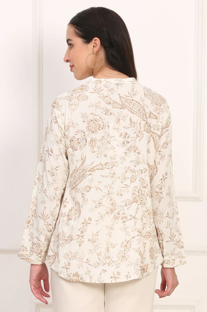 White Floral Printed Dobby Mandarin Collar Top — photo 5