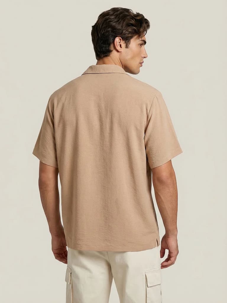 Men's Beige Cotton Half Sleeve Relaxed Fit Textured Shirt with Cuban Collar — photo 3