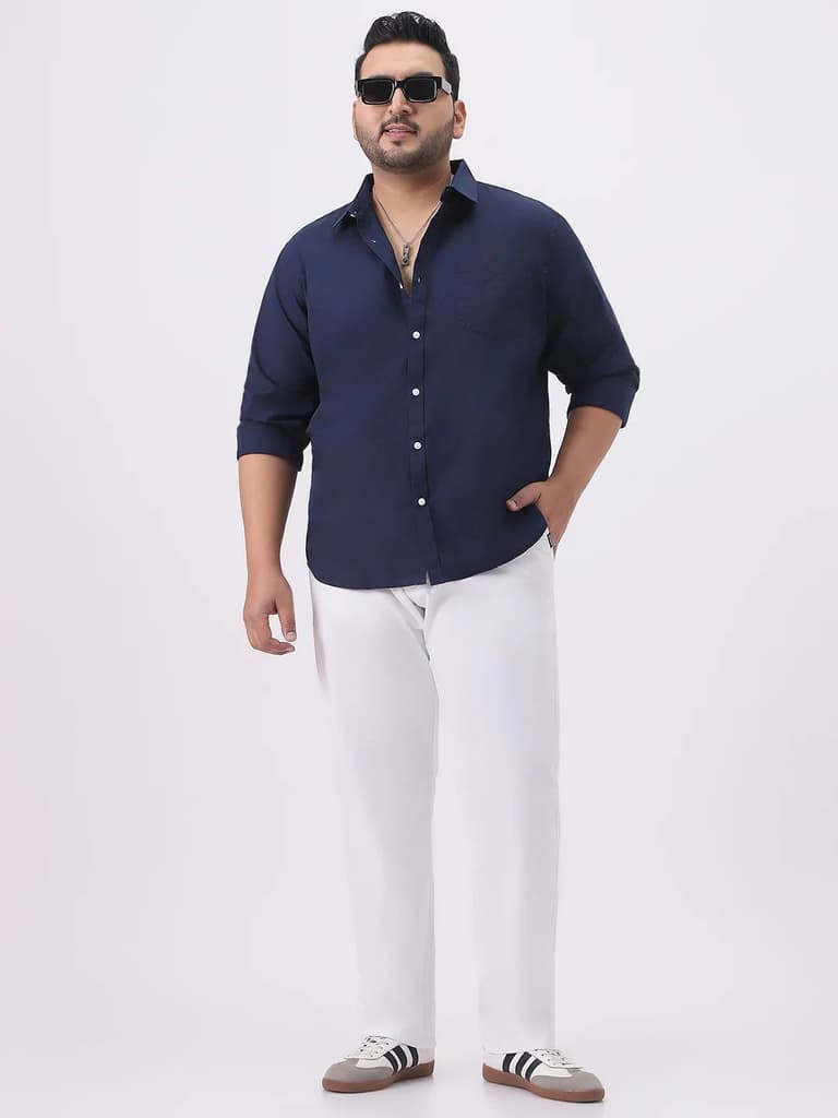 Plus Men's Navy Cotton Full Sleeve Regular Fit Casual Solid Slub Shirt with Spread Collar — photo 4