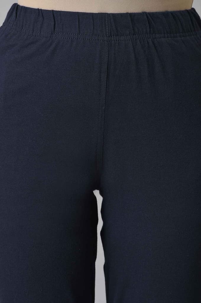 Navy Blue Solid Flared Cotton Pants With Elasticated Waist — photo 6