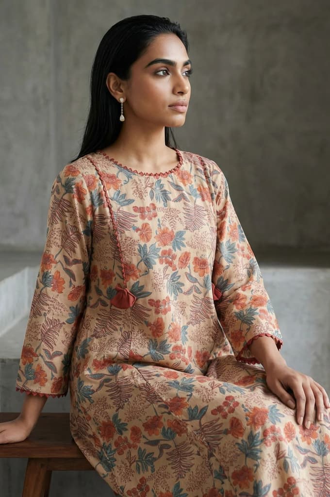 Beige Block Printed Tassel Pure Cotton A-line Kurta — photo 2