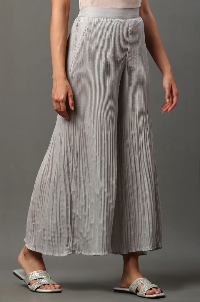 Silver Solid Flared Woven Sharara With Pleated Detail — photo 3