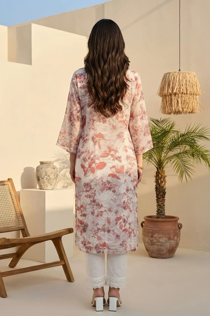 Off White Floral Printed Organza Straight Kurta — photo 5