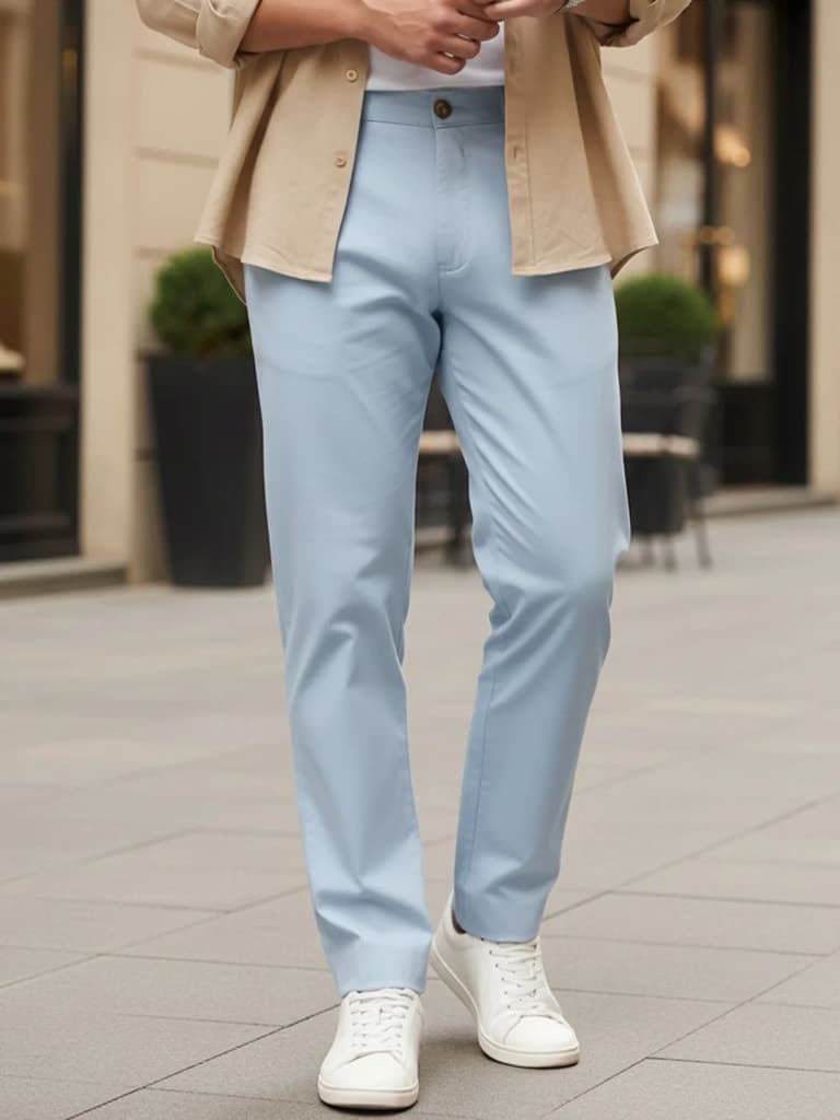 Men's Light Sky Blue Cotton Regular Fit Casual Chinos Trousers Stretch — 28 / Light Sky Blue