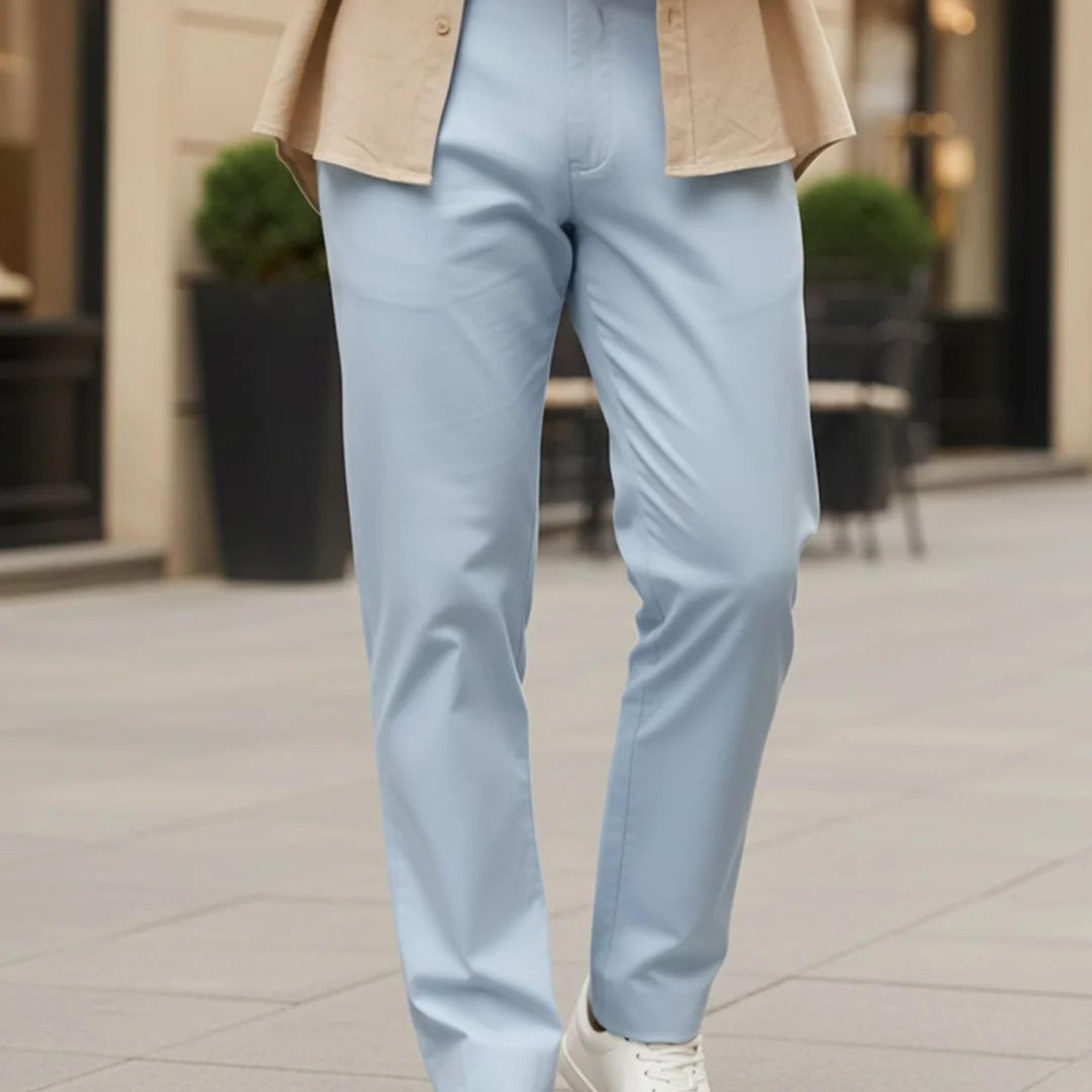 Men's Light Sky Blue Cotton Regular Fit Casual Chinos Trousers Stretch