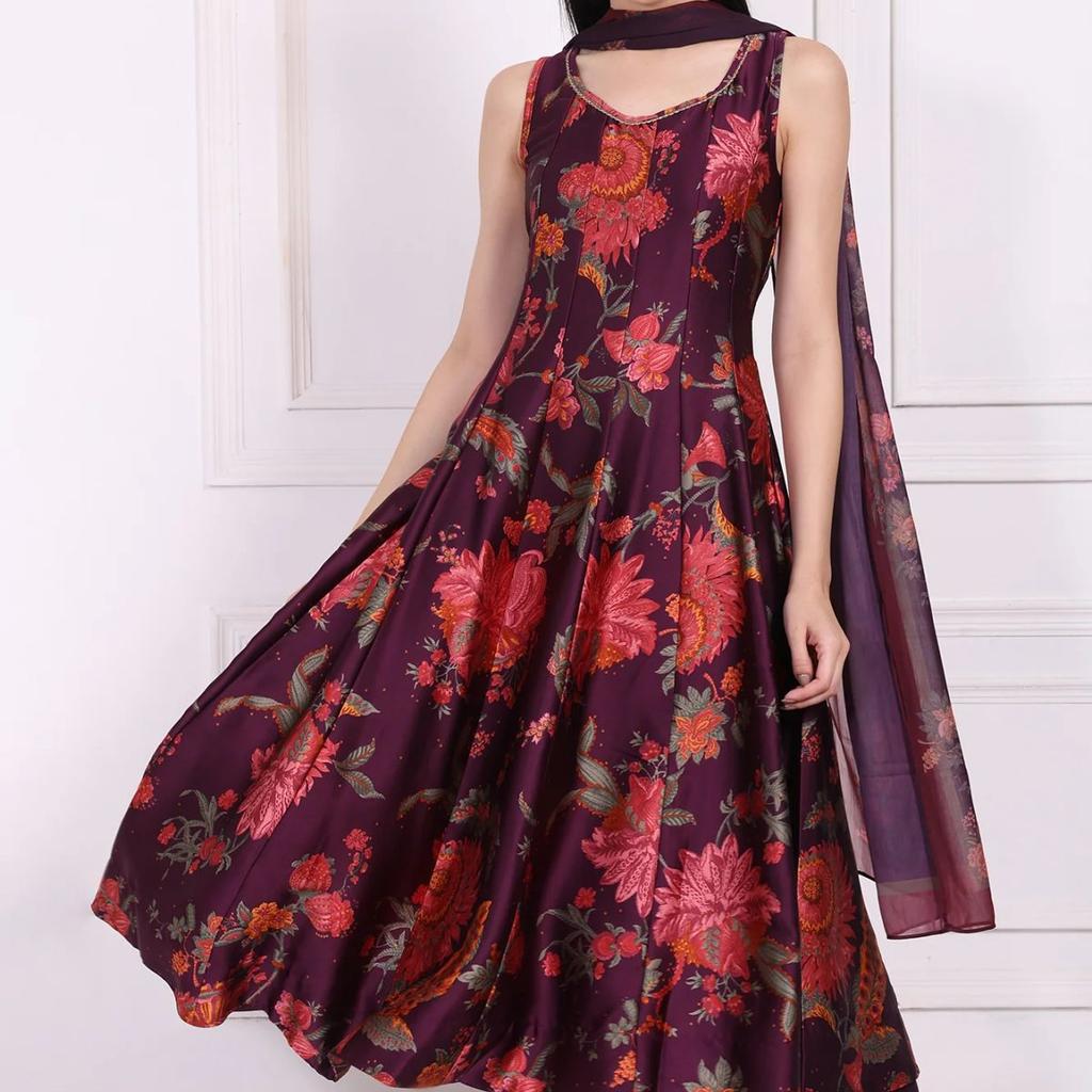 Purple Floral Printed Embellished Anarkali Satin Kurta with Straight Pant and Dupatta Set