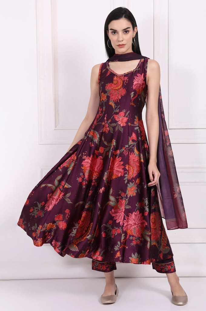 Purple Floral Printed Embellished Anarkali Satin Kurta with Straight Pant and Dupatta Set — XS