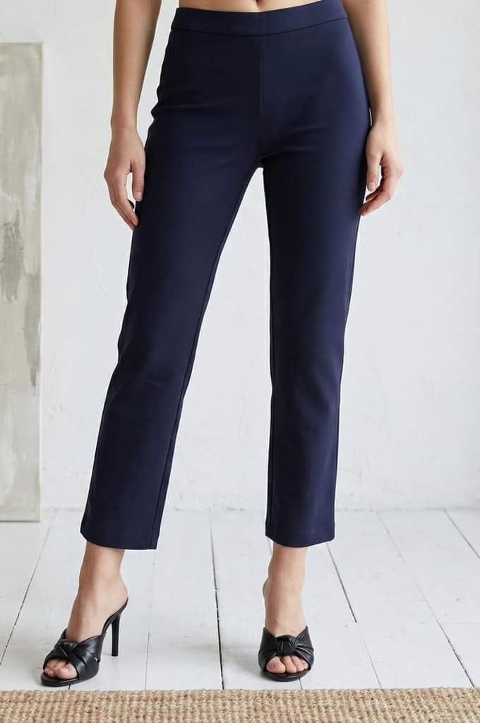Navy Blue Solid Rayon Straight Fit Pants — S