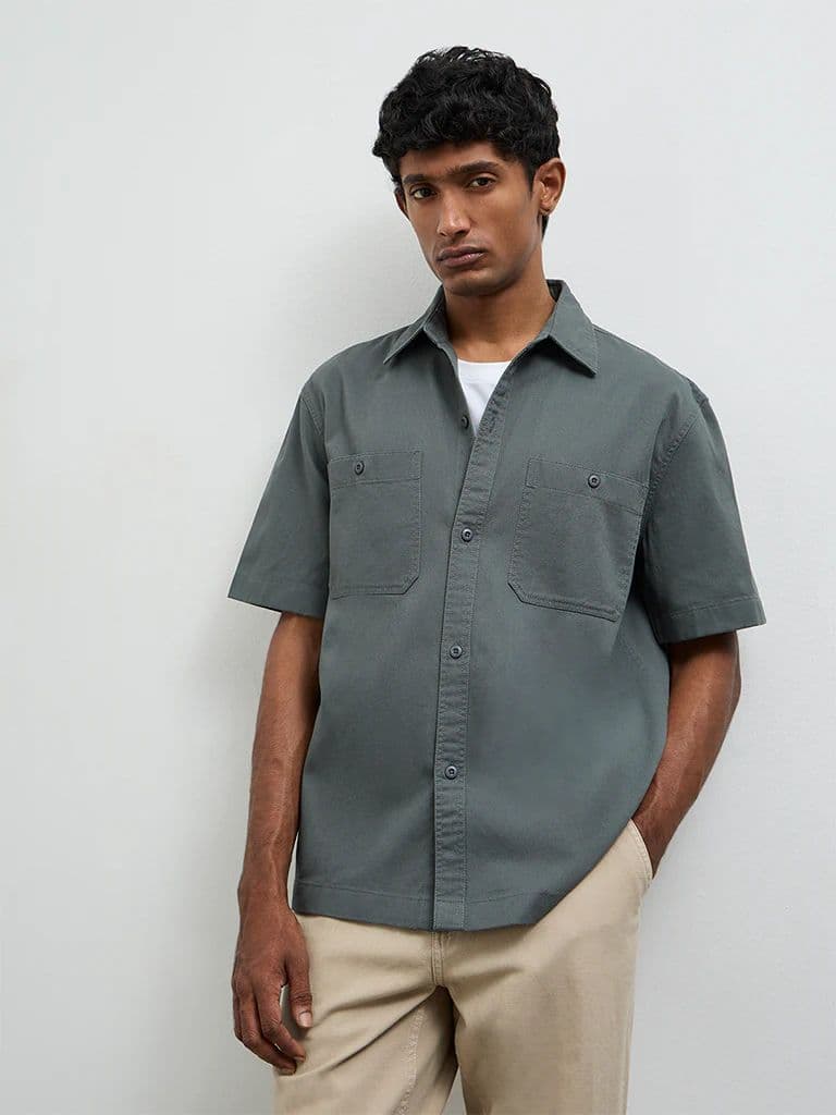 WES Casuals Dark Green Relaxed-Fit Cotton Shirt — photo 2
