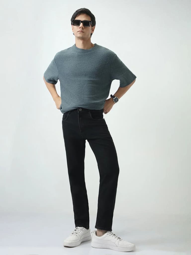 Men's Black Slim Fit Washed Denim Jeans Stretchable — photo 4