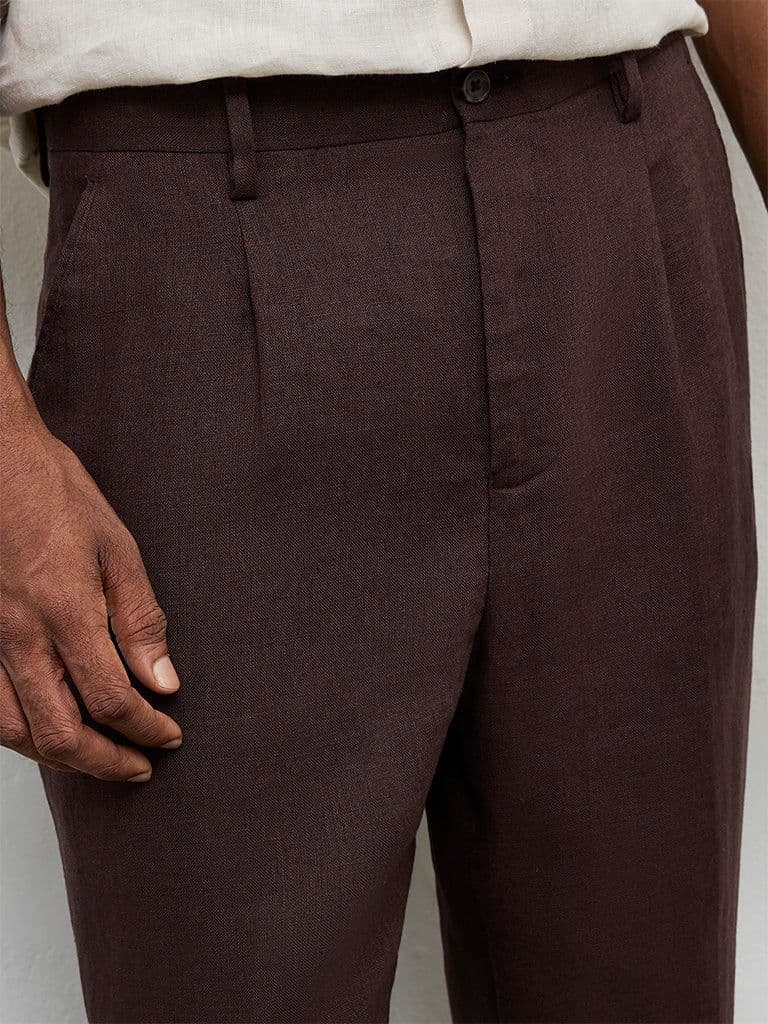 Ascot Dark Brown Mid-Rise Relaxed-Fit Linen Trousers — photo 3